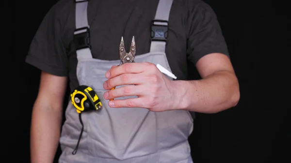 Master Builder Repairman Holds Caliper His Hand Special Suit Yellow — Stock Photo, Image