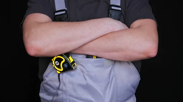Master Builder Repairman Holds Caliper His Hand Special Suit Yellow — Stock Photo, Image