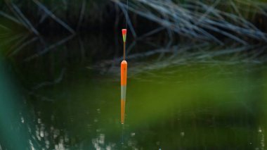 Gün batımında gölde balık tutmak. Balıkçılık arka plan, Balıkçılık göl suyu üzerinde yüzer. 