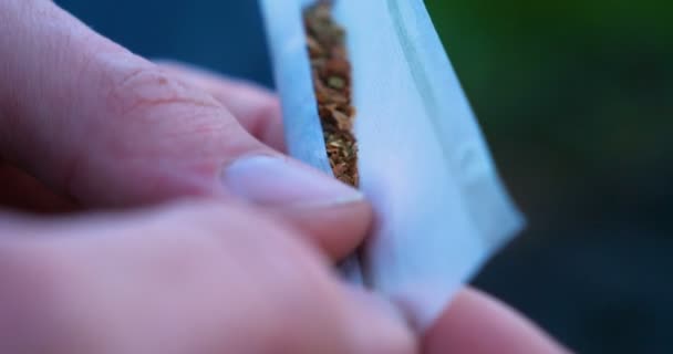 男人做关节和大麻的藏匿在外面 慢动作 — 图库视频影像