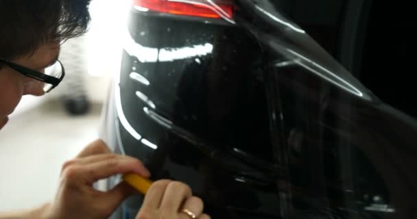 Close Ppf Installation Process Front Rear Headlight Bamper Ppf Paint — Stock Video