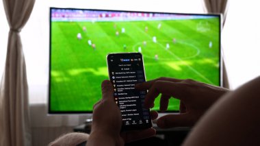 Evde TV arka plan (barda) karşı, adam (kadın) farklı atıştırmalıklar, pizza ve tatlılar cep telefonları kullanarak internet mağazaları üzerinden kaydırma sipariş. Konsept: futbol, spor, sipariş.