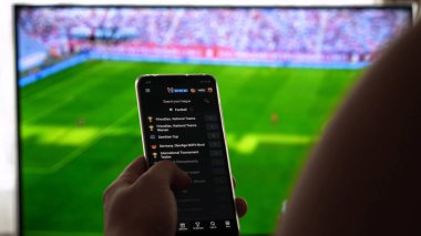 Evde TV arka plan (barda) karşı, adam (kadın) farklı atıştırmalıklar, pizza ve tatlılar cep telefonları kullanarak internet mağazaları üzerinden kaydırma sipariş. Konsept: futbol, spor, sipariş.
