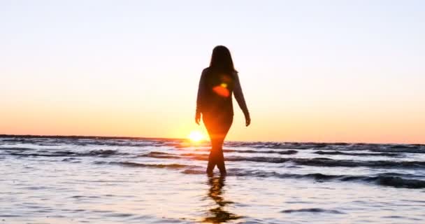 Young Woman Background Sunset Sun Seashore Does Exercises Exercised Running — Stock Video