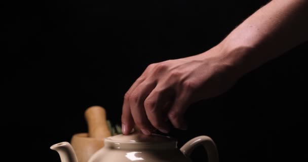 Process Brewing Tea Tea Ceremony Cup Freshly Briar Dark Mood — Stock Video