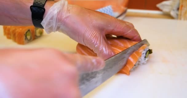 Close Professional Chef Hands Transparent Gloves Making Sushi Rolls Restaurant — Stock Video