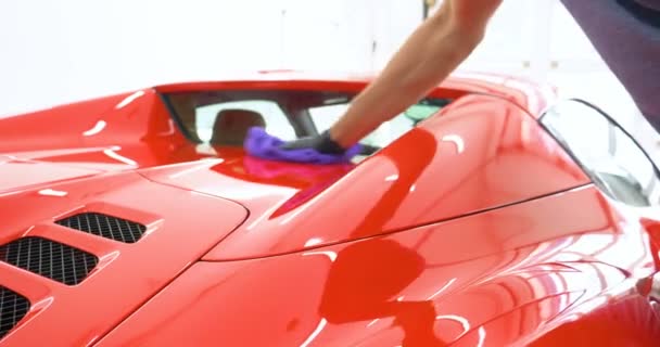 专业人员在工作中穿着防化防护服 汽车护理业务 汽车工业 洗车和涂布业务与陶瓷涂层 向汽车喷洒清漆 — 图库视频影像