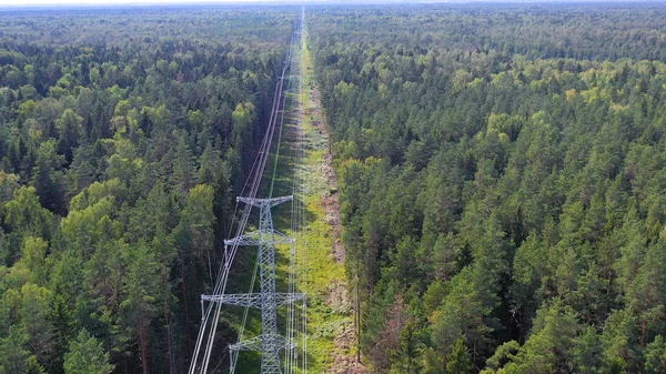 Tower of power lines in the forest. Electric tower line in Landscape view with Electricity and environmental problem concept. Ariel view High voltage power pylons.