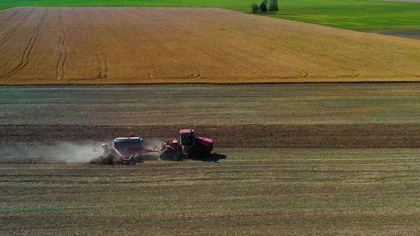 Aerial View Drone Harvest Field Tractor Mows Dry Grass Autumn — Stock Photo, Image