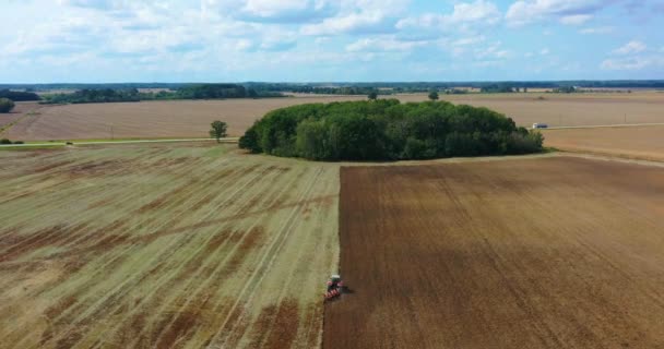 Luchtfoto Drone Van Oogst Veld Met Trekker Maait Droog Gras — Stockvideo