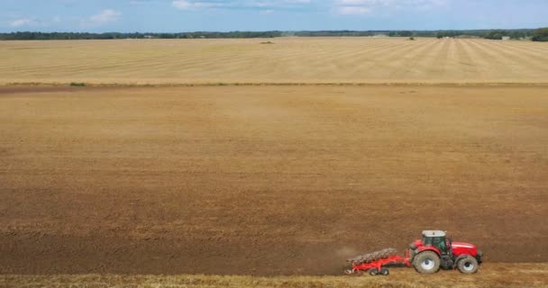 Drohne Von Erntefeld Mit Traktor Mäht Trockenes Gras Herbstgelbes Feld — Stockvideo