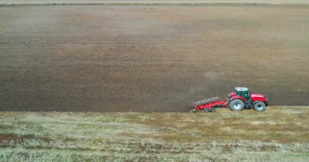 Aerial View Drone Harvest Field Tractor Mows Dry Grass Autumn — Stock Video