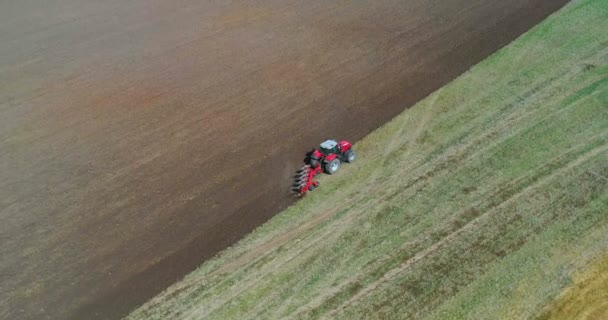 トラクターと収穫フィールドの空中ビュードローンは乾いた草を刈る 収穫トップビューの後に干し草と秋の黄色のフィールド ハーヴス畑でティン ストックアップ — ストック動画