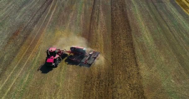 Drohne Von Erntefeld Mit Traktor Mäht Trockenes Gras Herbstgelbes Feld — Stockvideo