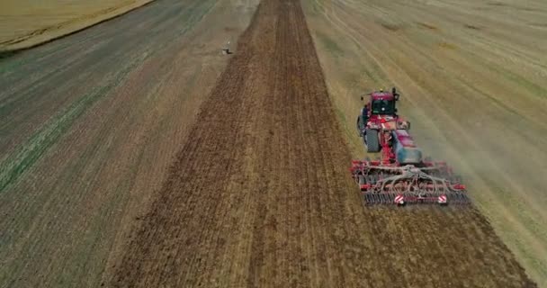 Lotu Ptaka Dron Pola Żniw Ciągnikiem Kosi Suchą Trawę Jesienne — Wideo stockowe