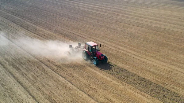 Aerial View Drone Harvest Field Tractor Mows Dry Grass Autumn — Stock Photo, Image