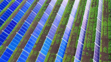 Ariel Manzarası, bir çiftlik alanındaki insansız hava aracından çekilen çevresel enerji üreten bir sürü güneş paneli var. Konsept: Ekonomi, Eko, Çiftlik, Enerji, Binlerce.
