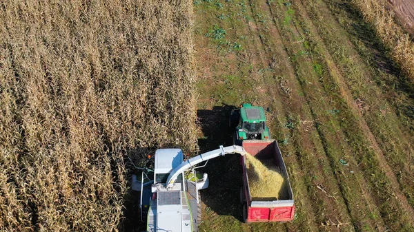 Aerial shot of harvester loading off corn on trailers. Aerial shot of modern harvester loading off corn on tractor trailers. Concept of: Tractor, Harvest, Drone, Eco.