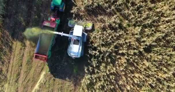 Vue aérienne de la moissonneuse chargeant du maïs sur des remorques. Vue aérienne d'une moissonneuse moderne chargeant du maïs sur des semi-remorques. Concept de : Tracteur, Récolte, Drone, Eco.