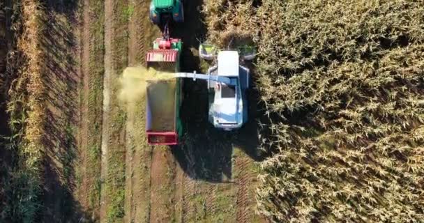 Vue aérienne de la moissonneuse chargeant du maïs sur des remorques. Vue aérienne d'une moissonneuse moderne chargeant du maïs sur des semi-remorques. Concept de : Tracteur, Récolte, Drone, Eco.
