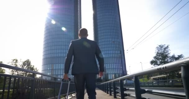 Traveling Businessman Walking His Wheeled Suitcase City Skyline Businessman Walking — Stock Video