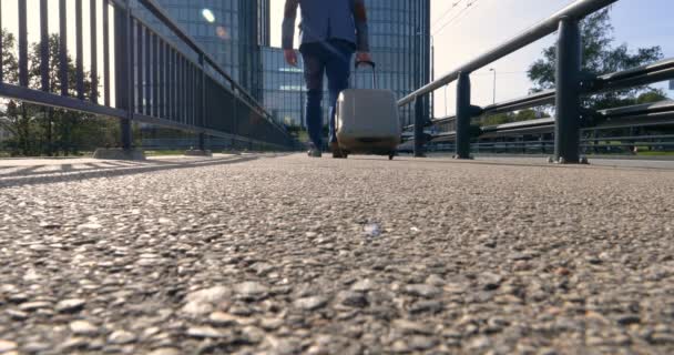 Homem Negócios Viajando Andando Com Sua Mala Rodas Através Horizonte — Vídeo de Stock