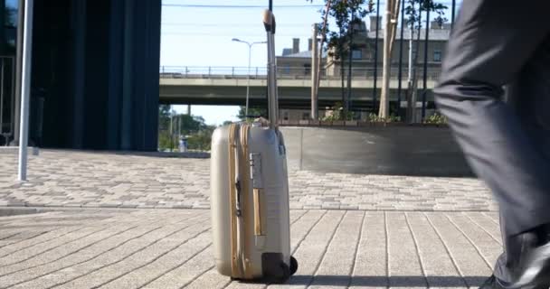 Viajando Hombre Negocios Caminando Con Maleta Ruedas Través Del Horizonte — Vídeos de Stock