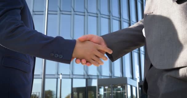 交渉と握手を成功させ2人のビジネスマンがパートナーと握手をし — ストック動画