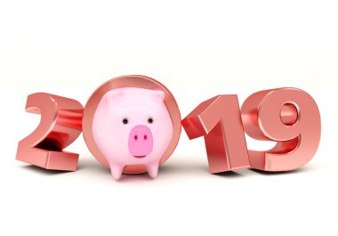 Yaratıcı tasarım konsepti. Mevsimlik el ilanları, davetiyeler ve tebrik kartları için festival arka plan. Yeni yıl domuz, 2019 takvim, beyaz bir arka plan üzerinde şenlikli pembe harfler