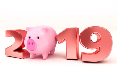 Yaratıcı tasarım konsepti. Mevsimlik el ilanları, davetiyeler ve tebrik kartları için festival arka plan. Yeni yıl domuz, 2019 takvim, beyaz bir arka plan üzerinde şenlikli pembe harfler