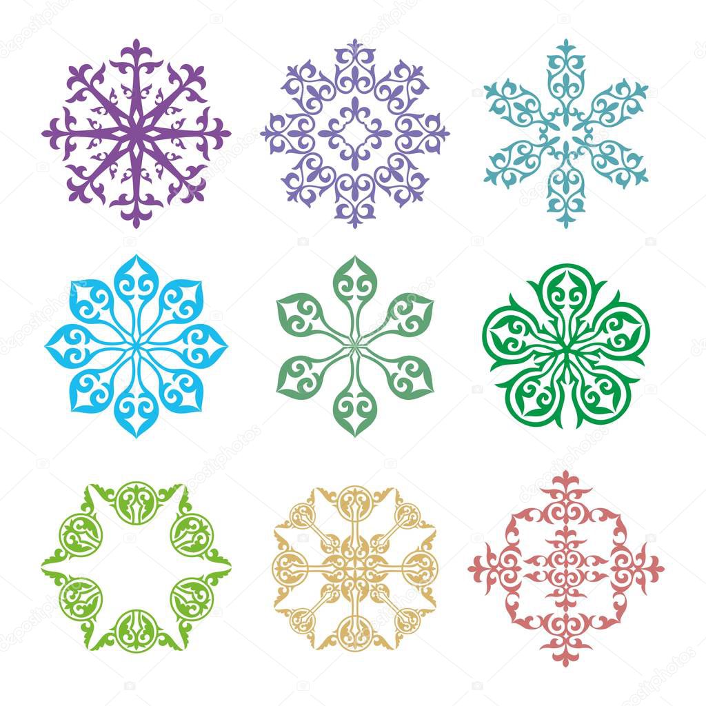 Vector drawings, creative concept design. Festive elements for flyers, invitations and greeting cards. New year, Christmas, Christmas trees with ornaments, pattern, snowflakes in the traditional Oriental style on a white background