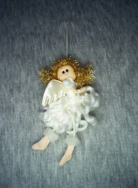 White Angel Golden Hair Christmas Handmade Decoration Hanging Grey Scarf — Stock Photo, Image