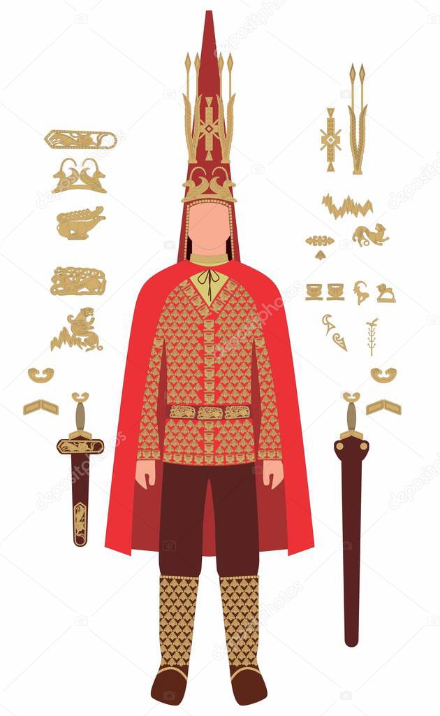 Vector image of the Golden man costume of the Scythian period, found during excavations with separate Golden elements