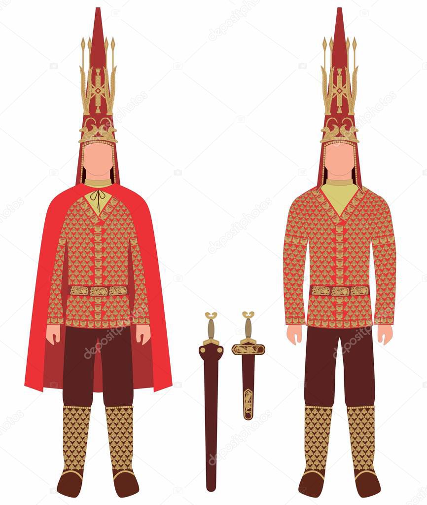 Vector image of the Golden man costume of the Scythian period, found during excavations with separate Golden elements