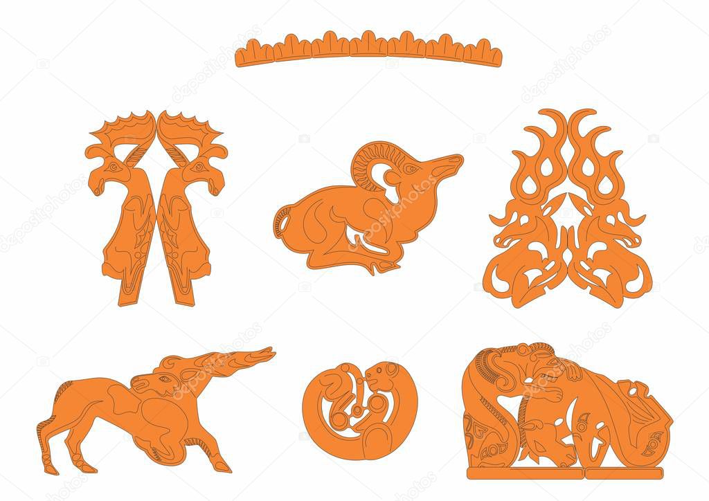 Vector image of the Golden man costume details, stylized animal drawings, warrior