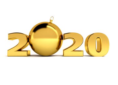Yeni yıl altın, kırmızı, mavi, 3D figürler ve beyaz arka planda noel süsleri olan 2020 harfleri.