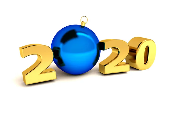 Yeni yıl altın, kırmızı, mavi, 3D figürler ve beyaz arka planda noel süsleri olan 2020 harfleri.