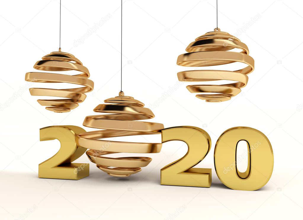 New year gold, red, blue glossy 3D figures  and letters 2020 with Christmas decorations on a white background