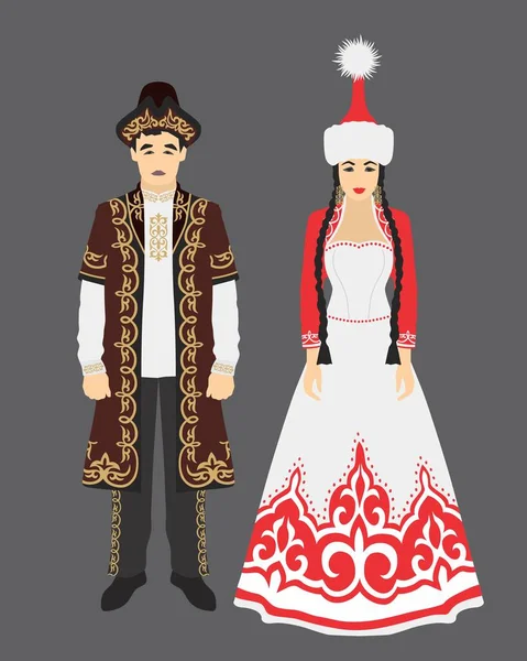 Illustrazione Vettoriale Bellissimo Costume Nazionale Kazako Donna Uomo Con Ornamenti — Vettoriale Stock