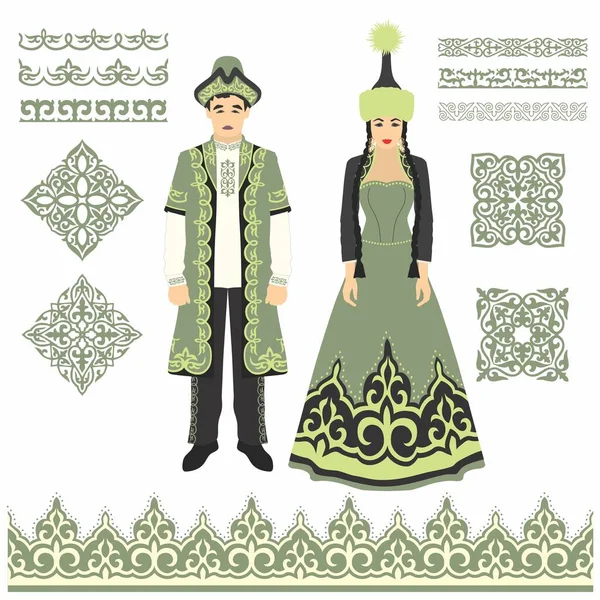 Illustrazione Vettoriale Bellissimo Costume Nazionale Kazako Donna Uomo Con Ornamenti — Vettoriale Stock