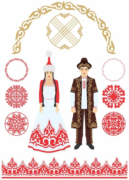 Vektör çizimi. Güzel kadın ve erkek Kazak ulusal kostüm ve ilave süsler..