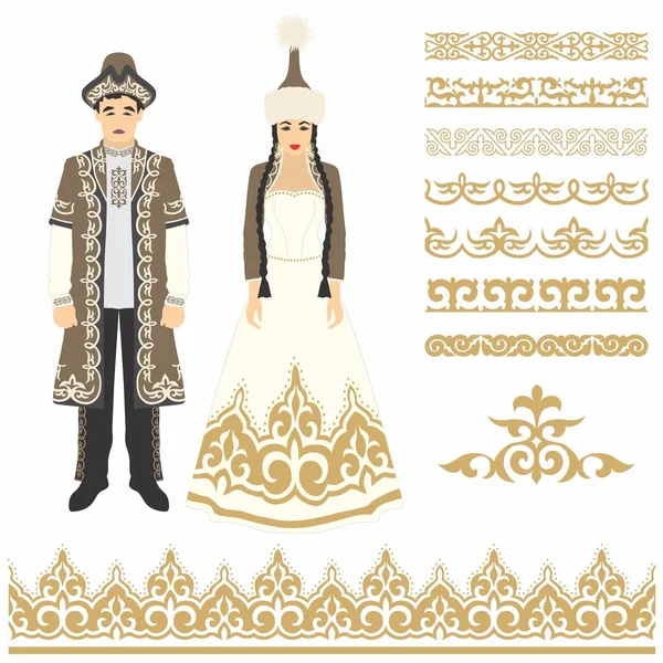 Vektör çizimi. Güzel kadın ve erkek Kazak ulusal kostüm ve ilave süsler..