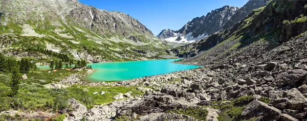 Mountain Landscape Beautiful Turquoise Lake Mountain Range Large Panorama Altai — Stock Photo, Image