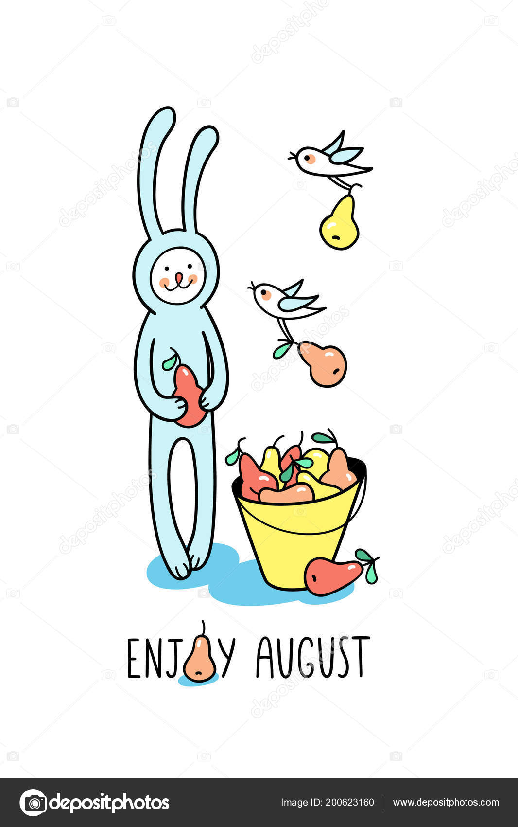 Enjoy August Greeting Card Baby Bunny Rabbit Collects Sweet Pears Stock