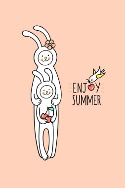 Sevimli tavşan tavşan, anne ve bebek yaz kiraz meyve sezon tadını çıkarıyor. Şirin elle çizilmiş hayvan karakter ve pembe bir arka plan üzerinde işareti olan çocuklar tasarım için grafik öğeleri.