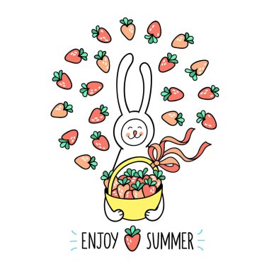 Yaz tebrik kartı tadını çıkarın. Bunny tavşan tatlı çilek dolu sepet tutar. Şirin elle çizilmiş hayvan karakter ve beyaz arka planda daireye düzenlenen çocuklar tasarım için grafik öğeleri.