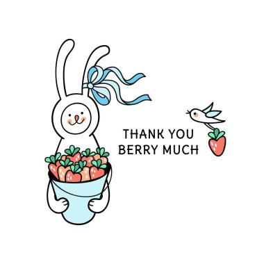 Teşekkür ederim çok kart berry. Bunny tavşan tatlı çilek dolu kova tutar. Komik kuşlar berry seçin. Şirin elle çizilmiş hayvan karakter ve çocuklar tasarım için grafik öğeleri.