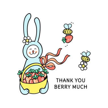 Teşekkür ederim çok kart berry. Bunny tavşan tatlı çilek dolu sepet tutar. Komik arılar berry ve çiçek al. Şirin elle çizilmiş hayvan karakter ve çocuklar tasarım için grafik öğeleri.