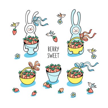 Berry tatlı. Set el ile yaz işareti, tavşan tavşan ve küçük kuşlar çizilmiş. Bunny tavşan çilek dolu sepetler tutun. Sevimli karakterler ve beyaz çocuklar tasarım için grafik öğeleri.