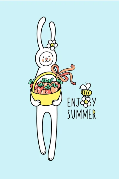 Enjoy Summer Greeting Card Sign Bunny Rabbit Holds Full Basket — Stock Vector